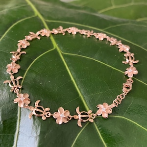 Hawaiian Sterling Silver Rose Gold Plated Honu Turtle Linked Plumeria Flower Anklet Jewelry