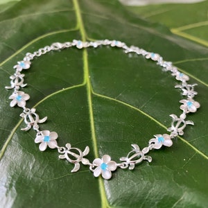 Hawaiian Sterling Silver Honu Turtle Linked Plumeria  Blue CZ Flower Anklet Jewelry