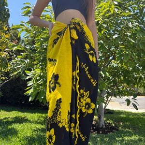 Hawaii Design Sarong Pareo Yellow/Black Hibiscus Tropical Cruise Beach Pool Sexy Bikini Cover-Up Wrap Dress