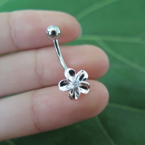 Sterling Silver 10 mm Plumeria Clear CZ Hawaiian Flower Belly Button Navel Ring
