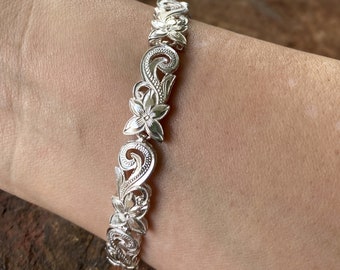 Solid .925 Sterling Silver 8MM Plumeria Hawaiian Scroll Design Link Bracelet