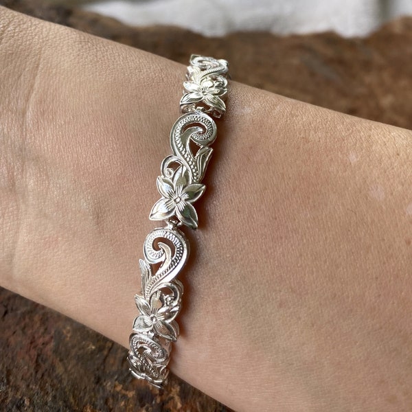 Solid 925 Sterling Silver 8MM Plumeria Hawaiian Scroll Design Link Bracelet