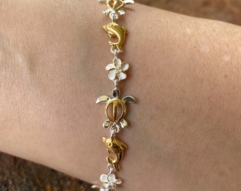 Sterling Silver Gold Plated 8MM Plumeria Flower / Turtle / Dolphin 2 Tone Hawaiian Bracelet