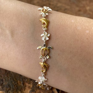 Sterling Silver Gold Plated 8MM Plumeria Flower / Turtle / Dolphin 2 Tone Hawaiian Bracelet