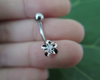 Hawaiian Sterling Silver Plumeria with Clear Center CZ Belly Ring Jewelry