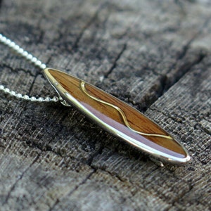 Hawaiian Koa Wood Surfboard Pendant Jewelry Rhodium Plated Brass Necklace with Silver-Colored Chain