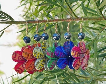 Hawaiian Design Jewelry Plumeria Flower Tribal Black Pearl Dangle Earrings