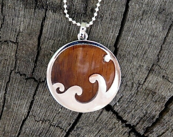 Natural Ocean Wave Hawaiian Koa Wood Jewelry Rhodium Plated Brass Pendant with Silver-Colored Necklace