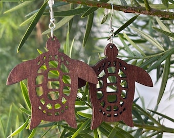 Hawaiian Design Jewelry Wooden Honu Turtle Carved Hoop Dangle Earrings