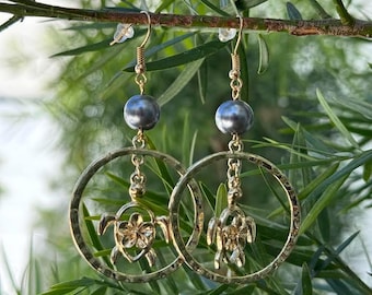 Hawaiian Gold Plated Honu Turtle Black Pearl Drop Hoop Dangle Earrings Jewelry