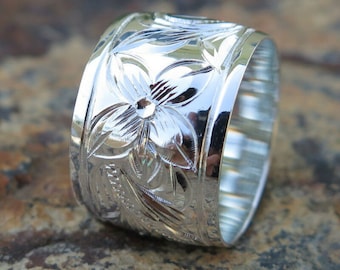 Hawaiian Design Jewelry 925K Sterling Silver Plumeria Flower Scroll Wedding Ring 15mm Band