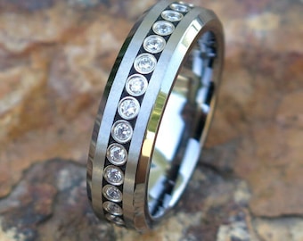 Hawaiian Tungsten CZ Full Around Inlay Beveled Shiny Wedding Ring Band