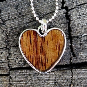 Koa Wood Tungsten Brass Heart Rhodium Plated Brass Pendant Hawaiian Jewelry with Silver-Colored Necklace