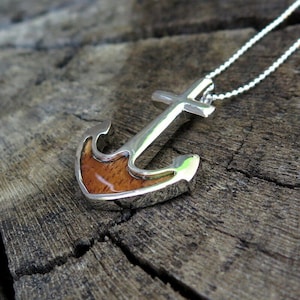 Hawaii Jewelry Anchor Design Koa Wood Silver Rhodium Plated Brass Pendant with Silver-Colored Necklace