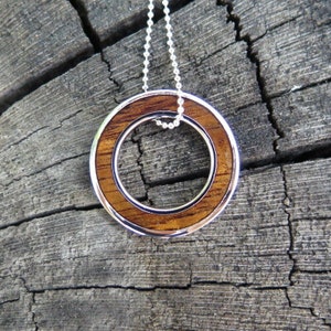 Hawaiian Modern Koa Wood Circle Jewelry Rhodium Plated Brass Pendant with Silver-Colored Necklace