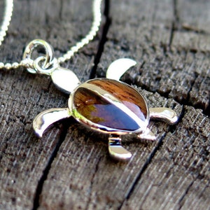 Tribal Hawaiian Koa Wood Honu Turtle Jewelry Rhodium Plated Brass Pendant with Silver-Colored Necklace