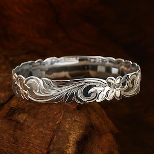 Hawaiian Jewelry Solid 925 Sterling Silver Scroll Cut Out Edge Bangle