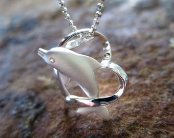 Hawaii Dolphin Heart Genuine 925K Sterling Silver Pendant Necklace Christmas Gift