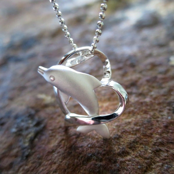 Hawaii Dolphin Heart Genuine 925K Sterling Silver Pendant Necklace Christmas Gift