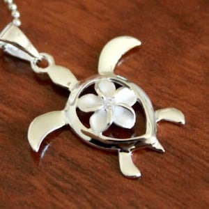 Hawaiian Jewelry 925 Sterling Silver Plumeria Turtle Honu Pendant Necklace
