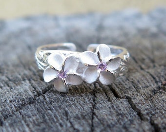 Hawaiian Design 925K Sterling Silver 2 Plumeria Pink Center CZ 6mm Toe Ring