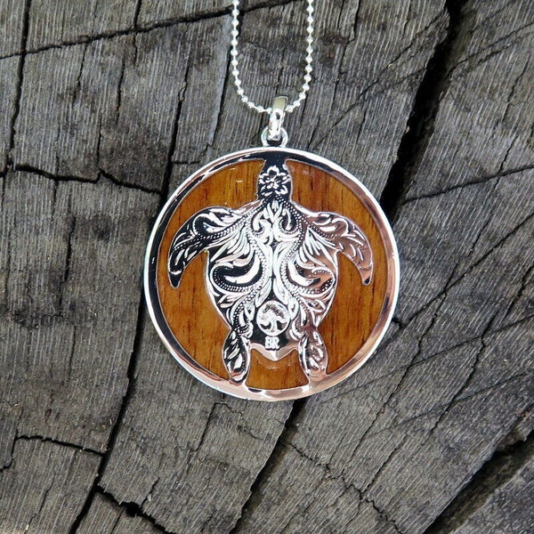 Koa Wood Honu Turtle Silver Rhodium Brass Plated Hawaiian Sea Animal Design Pendant Jewelry