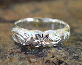 SILVER 925 HAWAIIAN RING PLUMERIA SCROLL 12MM TAPER BAND BLACK
