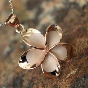30mm X-LARGE Rose Gold Plumeria Hawaiian Flower Silver Pendant Necklace