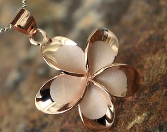 30mm X-LARGE Rose Gold Plumeria Hawaiian Flower Silver Pendant Necklace