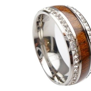 Hawaiian Design Jewelry Stainless Steel Koa Wood Inlay with Cubic Zircona Stone Wedding Band Ring 8mm