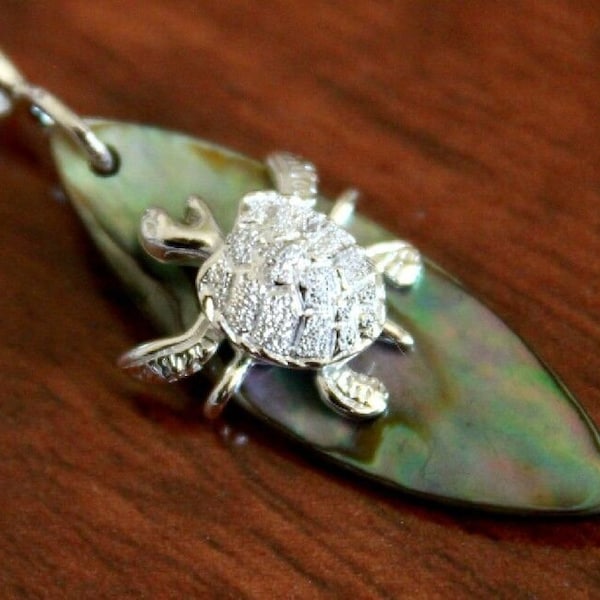 Hawaiian Jewelry 925K Sterling Silver Turtle Mop Shell Surfboard Pendant Necklace