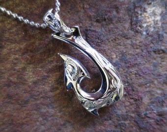 SCROLL FISH HOOK Hawaiian Hawaii Sterling Silver Jewelry 925K Pendant Necklace