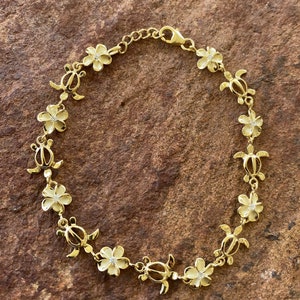 Gold Plated Sterling Silver 8MM Plumeria Flower & Turtle Bracelet Hawaiian Jewelry