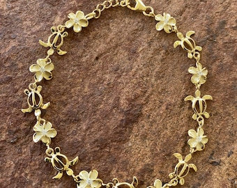 Gold Plated Sterling Silver 8MM Plumeria Flower & Turtle Bracelet Hawaiian Jewelry