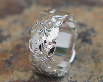 Hawaiian 925 Silver Plumeria Flower Cut Out Edge Wedding Ring Band 8mm