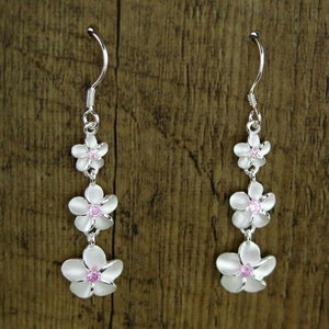 Hawaiian Jewelry 925K Sterling Silver Dangle Link Earrings Triple Plumeria Flowers