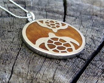 Hawaii Schmuck Koa Holz Honu Schildkröte Silver Rhodiniert Messing Anhänger