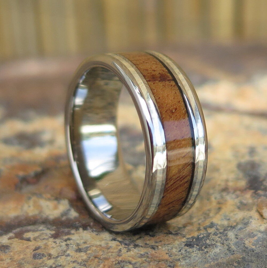 Genuine Hawaiian Design Shiny Koa Wood Inlay Titanium Wedding Ring Band