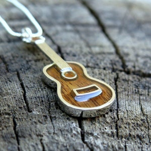 Koa Wood Jewelry Ukulele Guitar Natural Hawaiian Rhodium Plated Brass Pendant with Silver-Colored Necklace