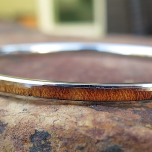 Hawaiian Design Natural Koa Wood Stainless Steel Hawaiian Bangle Island Jewelry Bracelet ( 4mm )