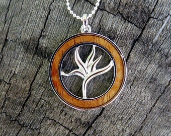 Hawaiian Koa Wood Birds of Paradise Jewelry Rhodium Plated Brass Pendant with Silver-Colored Necklace