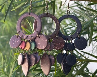 Hawaiian Design Jewelry Coconut Shell Dream Catcher Carved Dangle Earrings