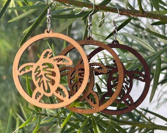 Hawaiian Design Jewelry Wooden Honu Turtle Carved Hoop Dangle Earrings