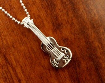 Hawaiian Design Ukulele Guitar Jewelry 925K Sterling Silver Pendant Necklace