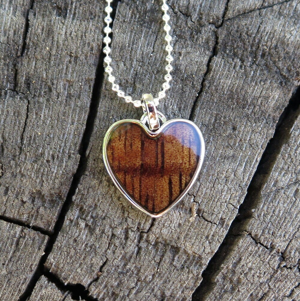 Koa Wood Tungsten Heart Rhodium Plated Brass Pendant Hawaiian