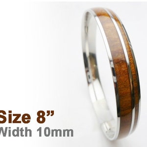 Hawaiian Design Natural Koa Wood Stainless Steel Hawaiian Bangle Island Jewelry Bracelet ( 10mm )
