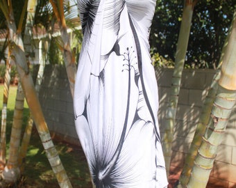 Hawaii Design Sarong Pareo White Black Giant Hibiscus Tropical Cruise Beach Pool Sexy Bikini Cover-Up Wrap Dress