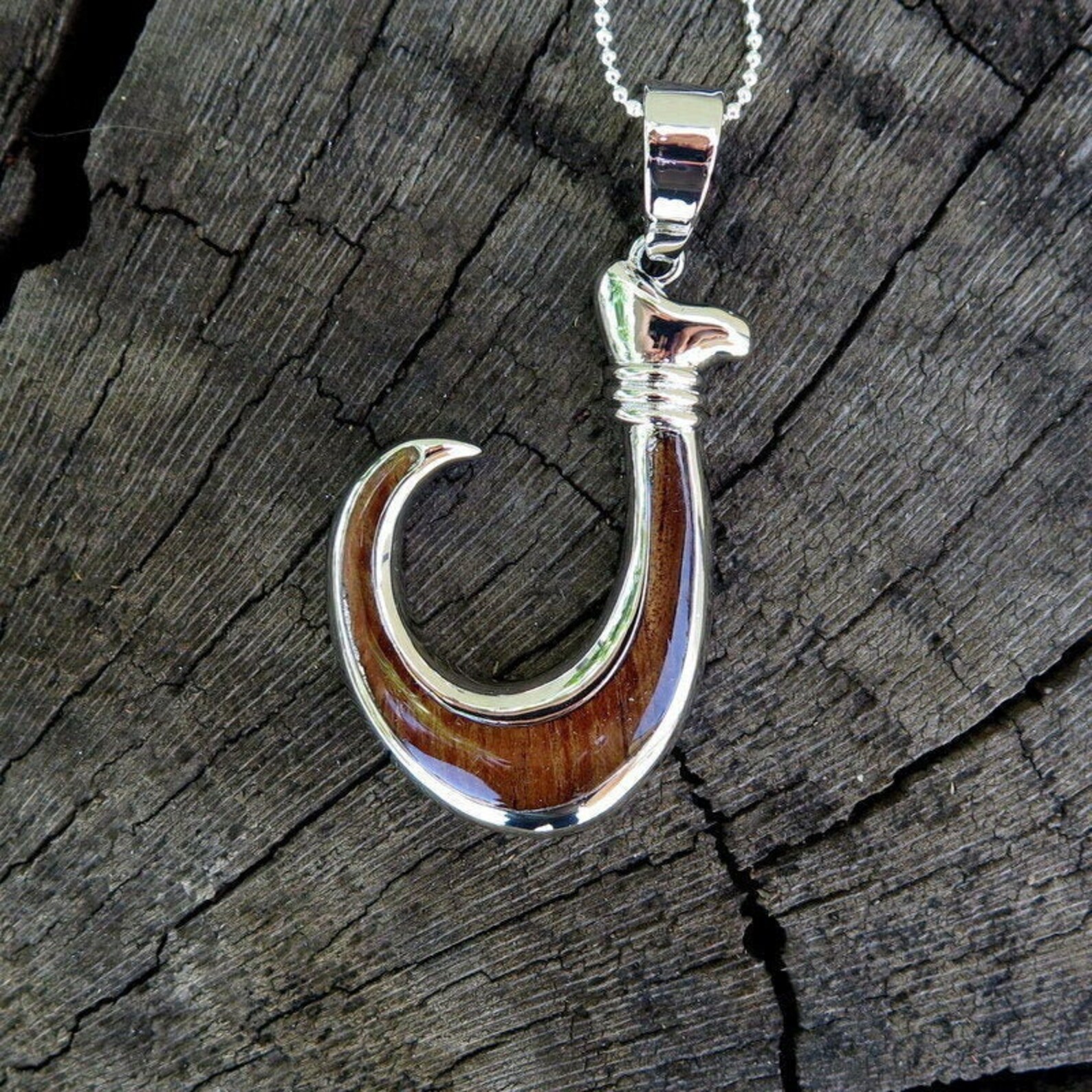 Tribal Fish Hook Natural Hawaiian Koa Wood Jewelry Rhodium Etsy