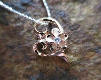 Hawaii Design Jewelry Pink Gold Heart Plumeria 8mm Flower Genuine 925K Silver Pendant Necklace