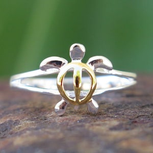 Hawaiian 925 Silver Gold 2 Tone Hawaii Honu Sea Turtle Symbol of Wisdom & Good Luck Open Band Ring  8mm
